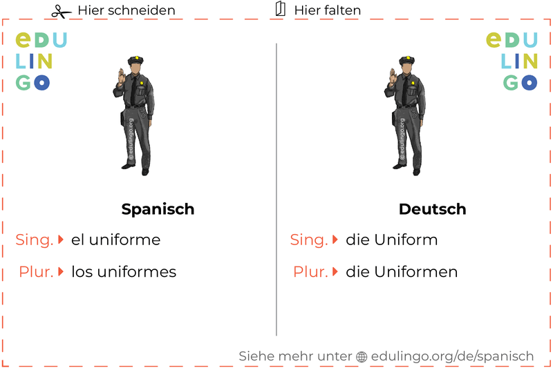 Uniform auf Spanisch Vokabelkartei zum Ausdrucken, Üben und Lernen