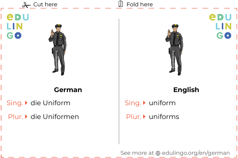 Uniform in German vocabulary flashcard for printing, practicing and learning