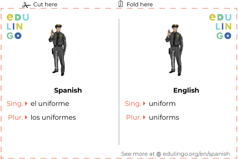 Uniform in Spanish vocabulary flashcard for printing, practicing and learning