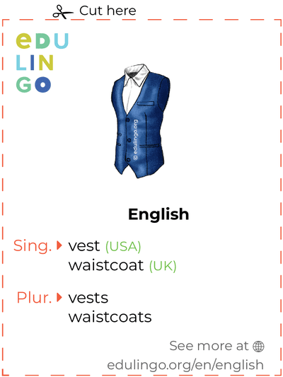Vest in English vocabulary flashcard for printing, practicing and learning