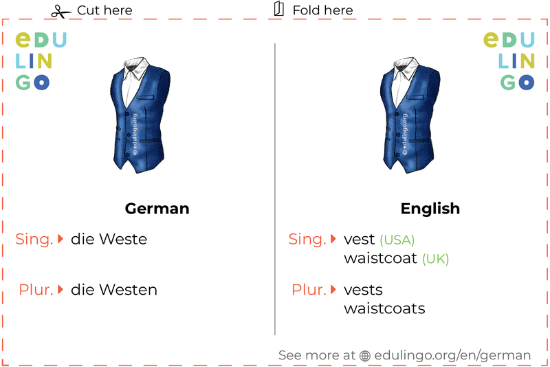 Vest in German vocabulary flashcard for printing, practicing and learning