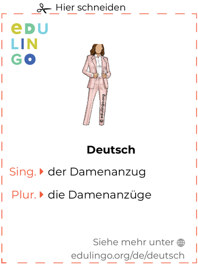 Damenanzug auf Deutsch Vokabelkartei zum Ausdrucken, Üben und Lernen