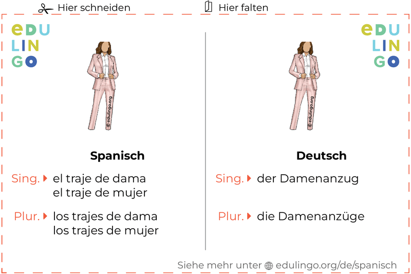 Damenanzug auf Spanisch Vokabelkartei zum Ausdrucken, Üben und Lernen