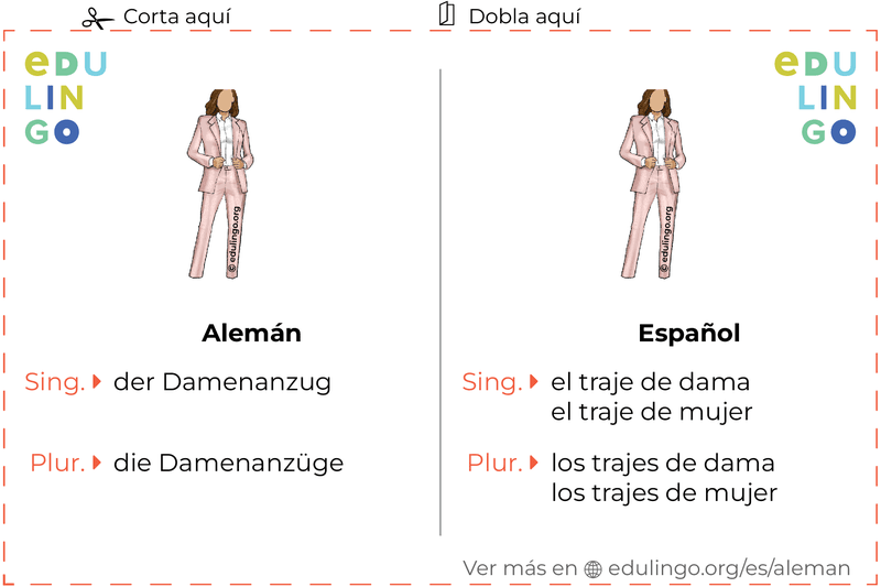Ficha de Vocabulario Traje de dama en alemán para imprimir, practicar y aprender