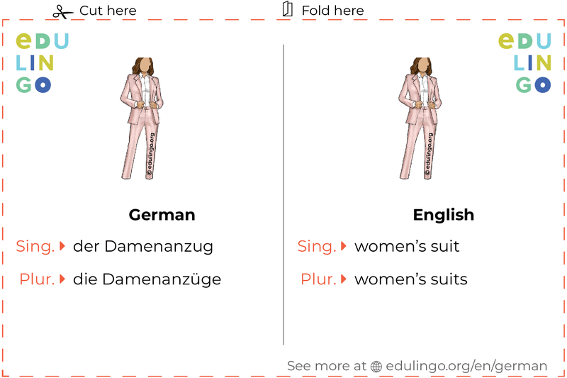 Women'S Suit in German vocabulary flashcard for printing, practicing and learning