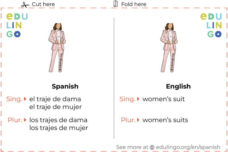 Women'S Suit in Spanish vocabulary flashcard for printing, practicing and learning