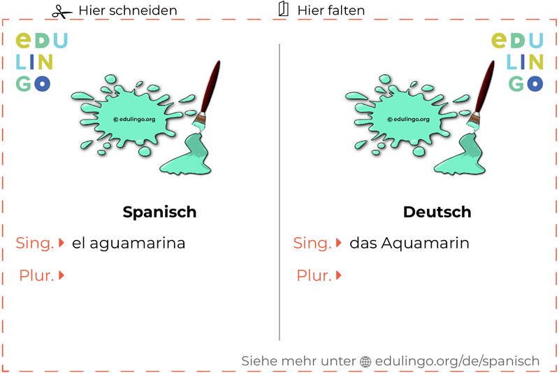 Aquamarin auf Spanisch Vokabelkartei zum Ausdrucken, Üben und Lernen