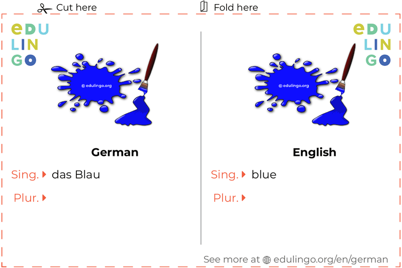 Blue in German vocabulary flashcard for printing, practicing and learning