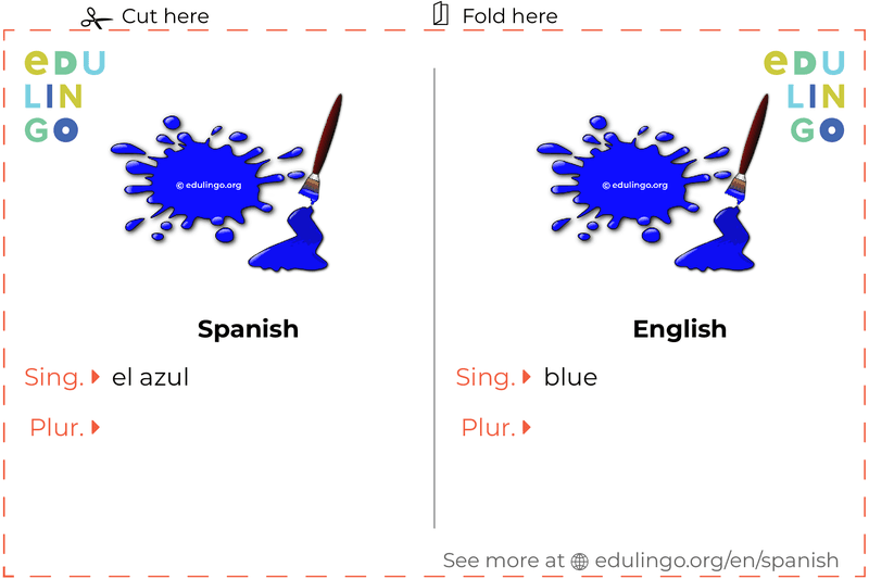 Blue in Spanish vocabulary flashcard for printing, practicing and learning