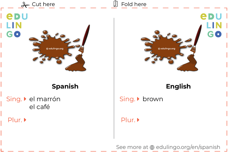 Brown in Spanish vocabulary flashcard for printing, practicing and learning