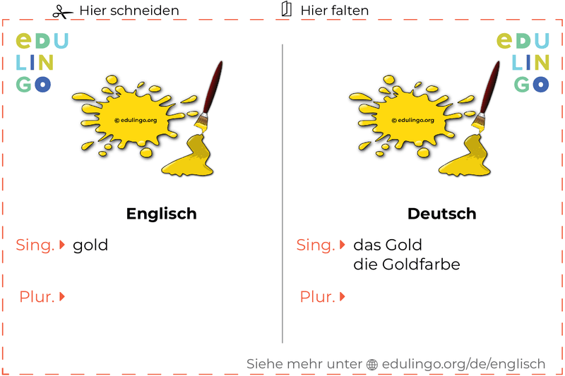 Gold auf Englisch Vokabelkartei zum Ausdrucken, Üben und Lernen
