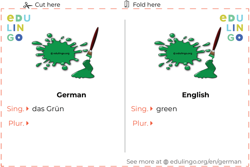 Green in German vocabulary flashcard for printing, practicing and learning