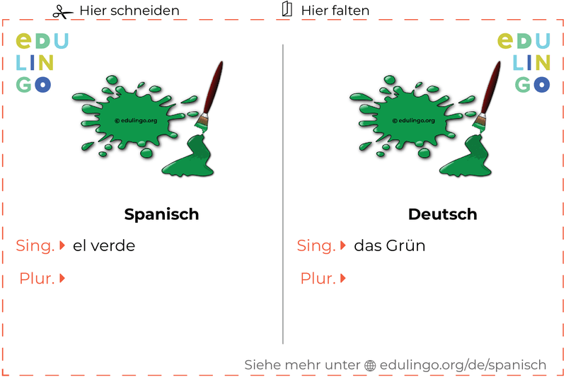 Grün auf Spanisch Vokabelkartei zum Ausdrucken, Üben und Lernen