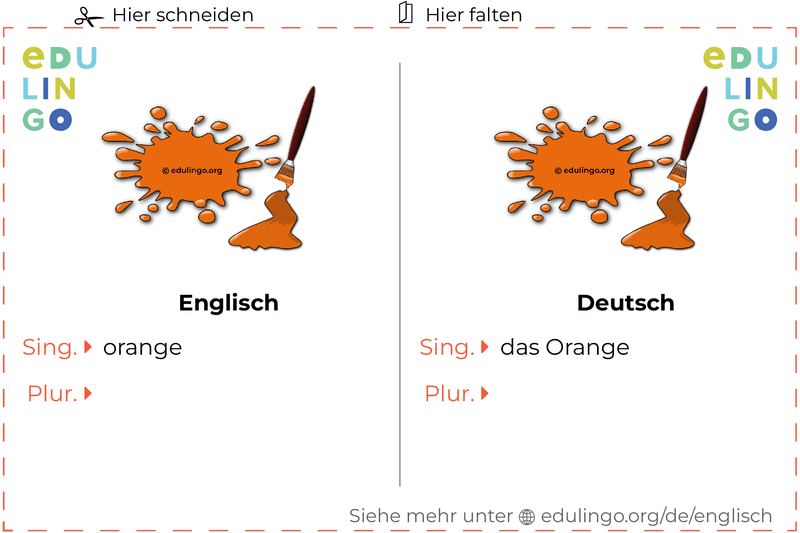 Orange auf Englisch Vokabelkartei zum Ausdrucken, Üben und Lernen