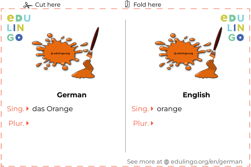 Orange in German vocabulary flashcard for printing, practicing and learning