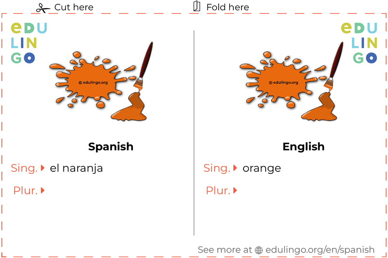 Orange in Spanish vocabulary flashcard for printing, practicing and learning