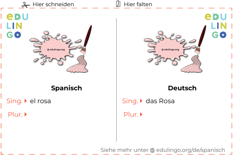 Rosa auf Spanisch Vokabelkartei zum Ausdrucken, Üben und Lernen