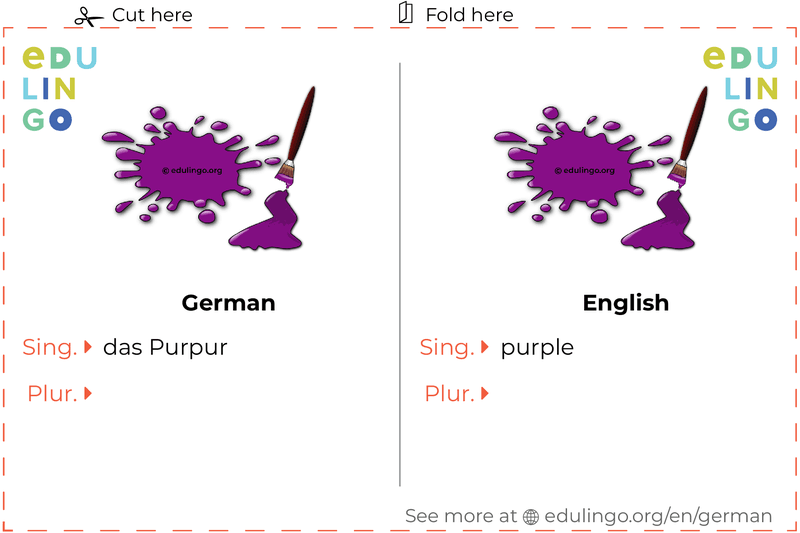 Purple in German vocabulary flashcard for printing, practicing and learning