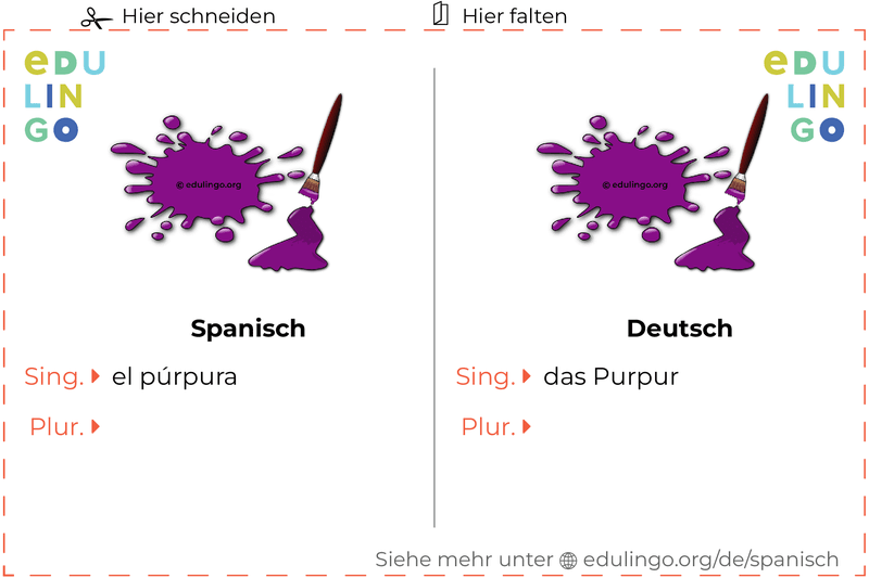 Purpur auf Spanisch Vokabelkartei zum Ausdrucken, Üben und Lernen