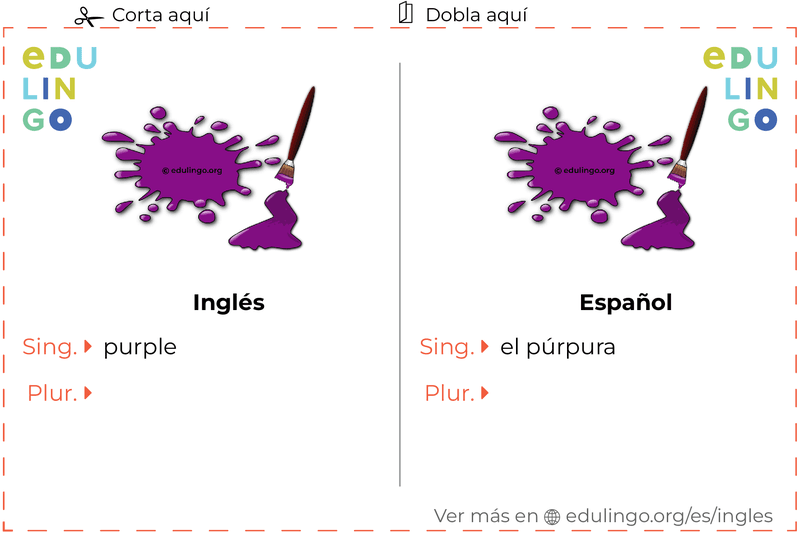 Ficha de Vocabulario Púrpura en inglés para imprimir, practicar y aprender