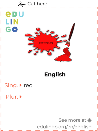 Red in English vocabulary flashcard for printing, practicing and learning