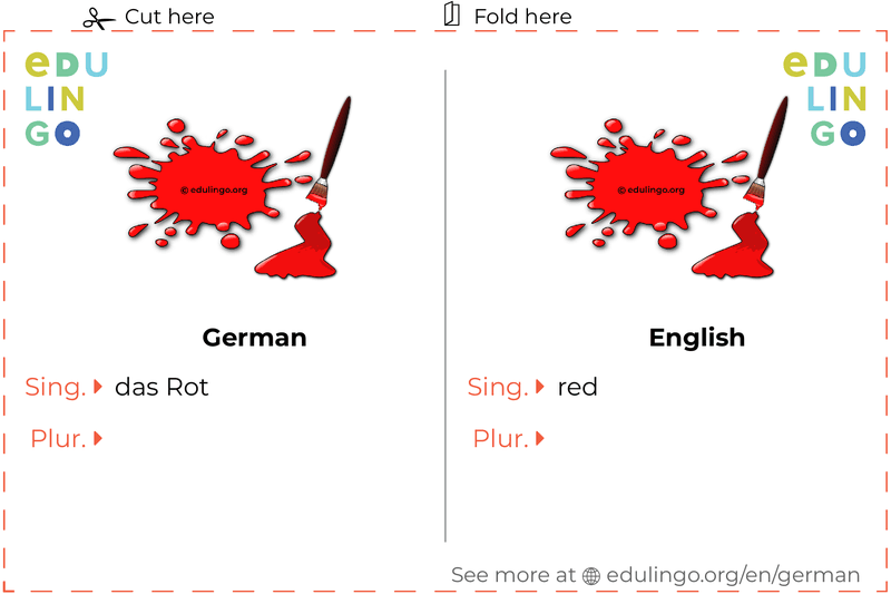 Red in German vocabulary flashcard for printing, practicing and learning