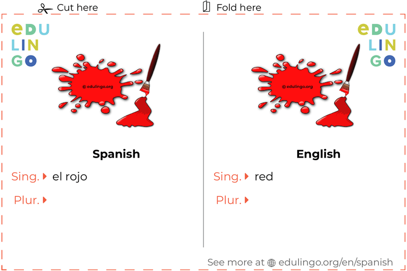 Red in Spanish vocabulary flashcard for printing, practicing and learning