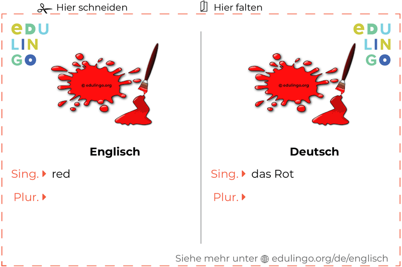 Rot auf Englisch Vokabelkartei zum Ausdrucken, Üben und Lernen