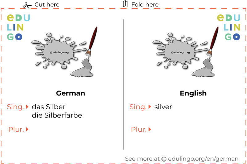 Silver in German vocabulary flashcard for printing, practicing and learning