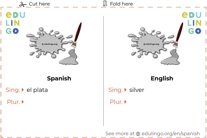 Silver in Spanish vocabulary flashcard for printing, practicing and learning