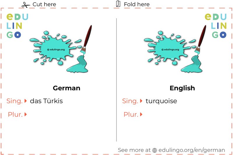 Turquoise in German vocabulary flashcard for printing, practicing and learning
