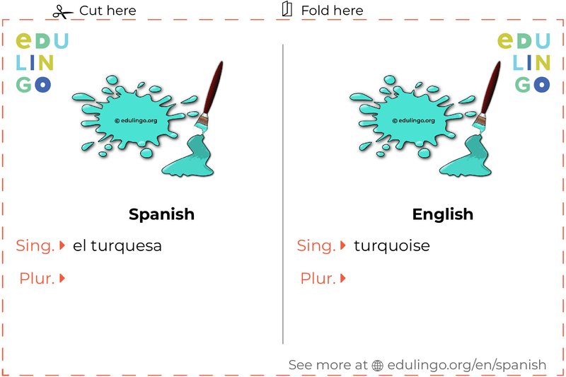 Turquoise in Spanish vocabulary flashcard for printing, practicing and learning