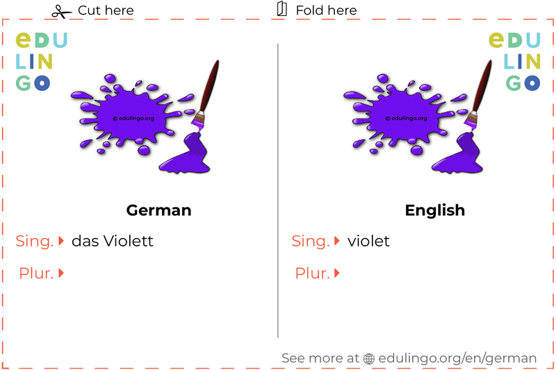 Violet in German vocabulary flashcard for printing, practicing and learning