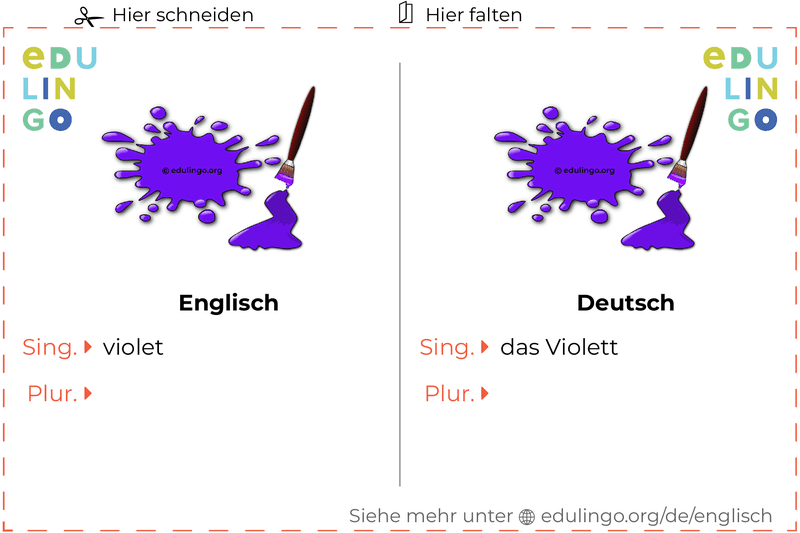 Violett auf Englisch Vokabelkartei zum Ausdrucken, Üben und Lernen