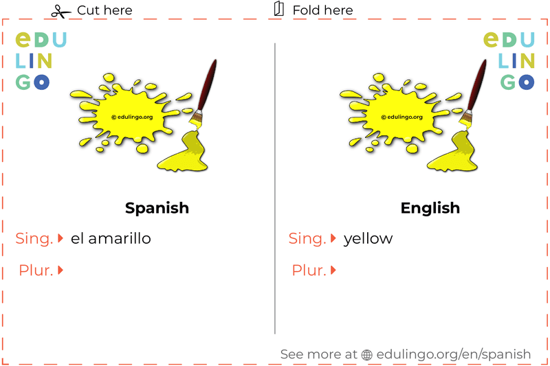 Yellow in Spanish vocabulary flashcard for printing, practicing and learning