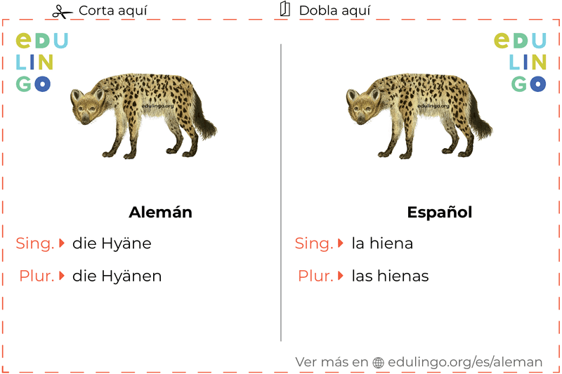 Ficha de Vocabulario Hiena en alemán para imprimir, practicar y aprender