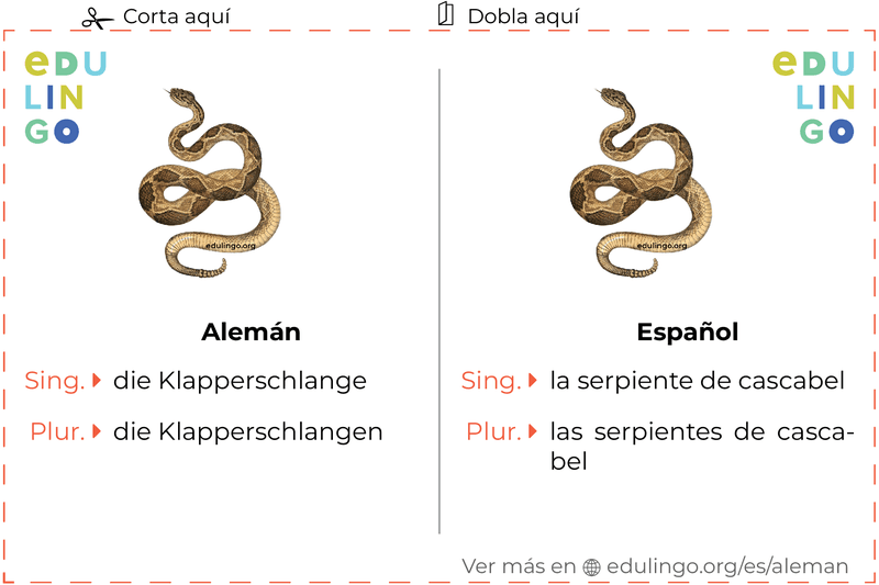 Ficha de Vocabulario Serpiente de cascabel en alemán para imprimir, practicar y aprender