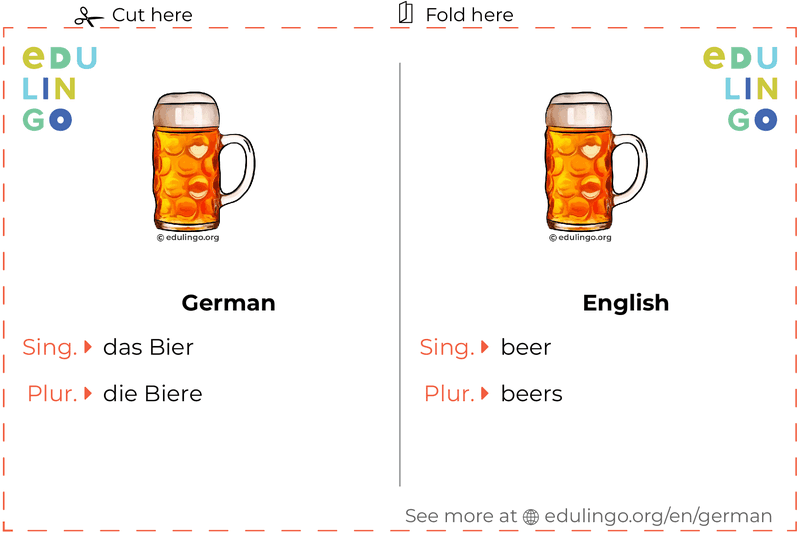 Beer in German vocabulary flashcard for printing, practicing and learning