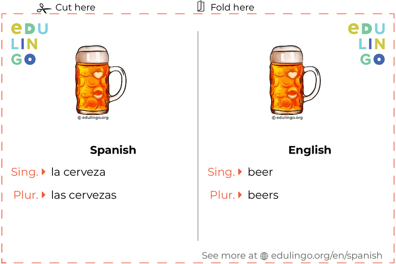 Beer in Spanish vocabulary flashcard for printing, practicing and learning