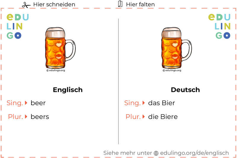 Bier auf Englisch Vokabelkartei zum Ausdrucken, Üben und Lernen