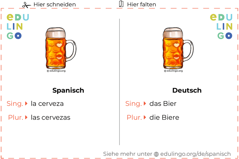 Bier auf Spanisch Vokabelkartei zum Ausdrucken, Üben und Lernen