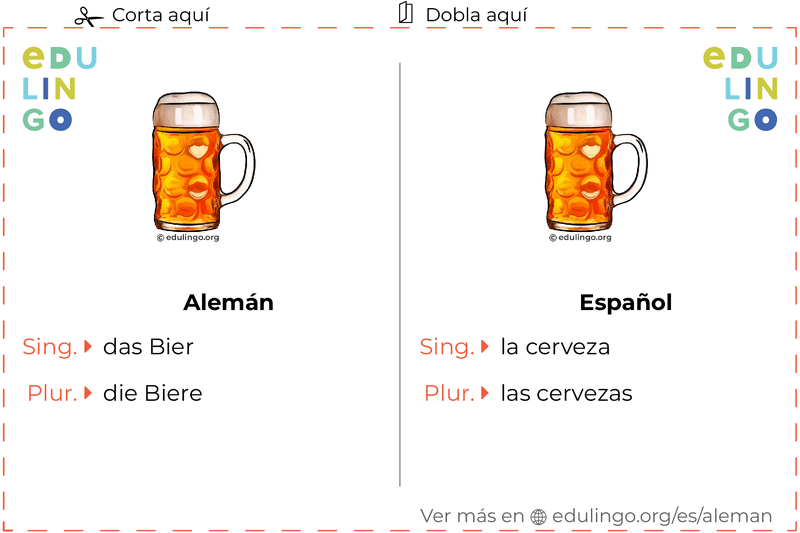 Ficha de Vocabulario Cerveza en alemán para imprimir, practicar y aprender