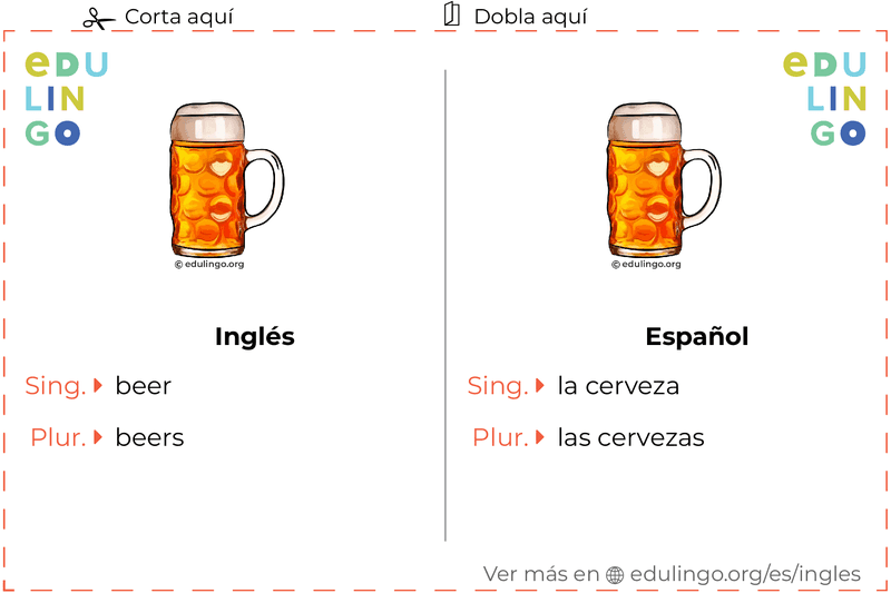 Ficha de Vocabulario Cerveza en inglés para imprimir, practicar y aprender