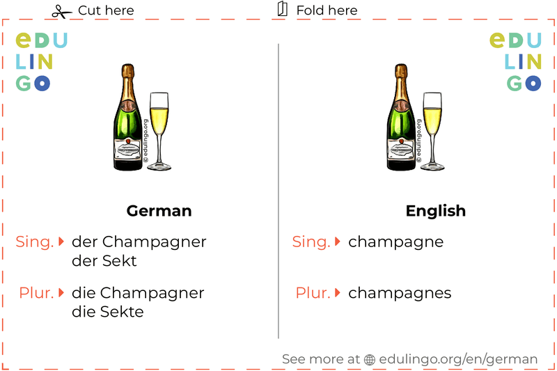 Champagne in German vocabulary flashcard for printing, practicing and learning