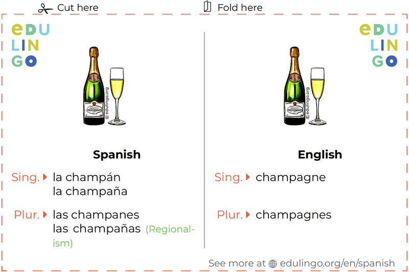 Champagne in Spanish vocabulary flashcard for printing, practicing and learning