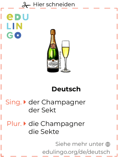 Champagner auf Deutsch Vokabelkartei zum Ausdrucken, Üben und Lernen