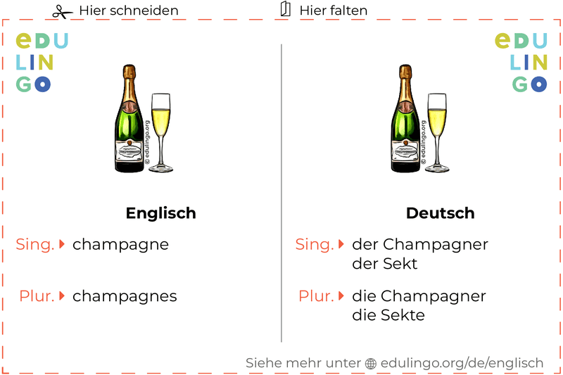 Champagner auf Englisch Vokabelkartei zum Ausdrucken, Üben und Lernen