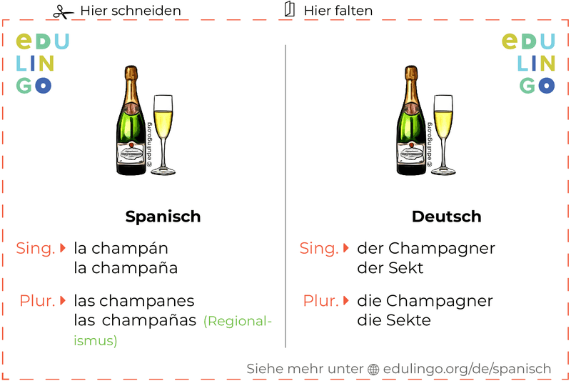 Champagner auf Spanisch Vokabelkartei zum Ausdrucken, Üben und Lernen