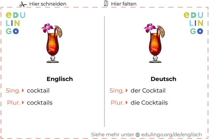 Cocktail auf Englisch Vokabelkartei zum Ausdrucken, Üben und Lernen