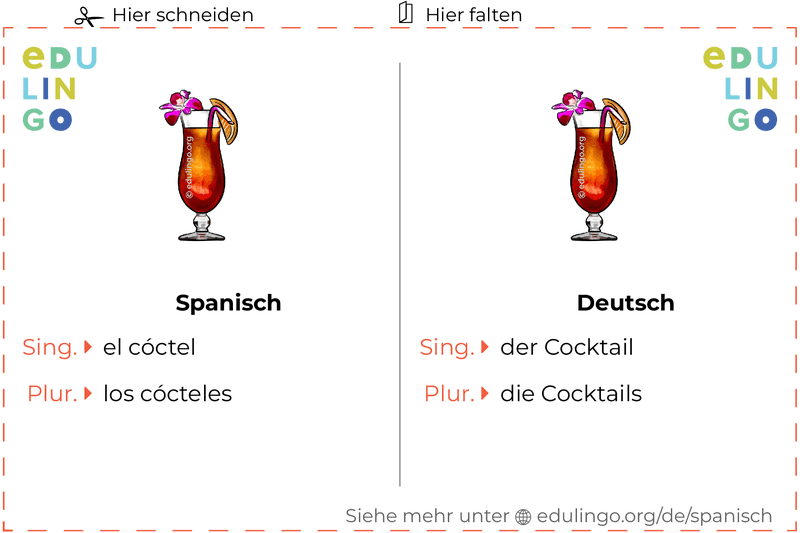 Cocktail auf Spanisch Vokabelkartei zum Ausdrucken, Üben und Lernen